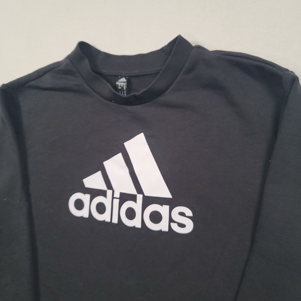 Adidas Essential Women Sweatshirt Small Black Crewneck Big Logo Cropped Pullover